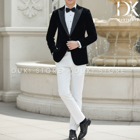 Bộ vest nam tuxedo 1 cúc màu đen vải nhung cao cấp DKA0187