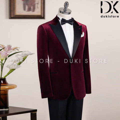 Bộ vest nam tuxedo 1 cúc màu đỏ vải nhung đột viền cao cấp DKA0192