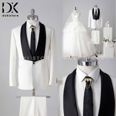 Bộ vest nam 1 cúc tuxedo màu trắng cao cấp DKA0208