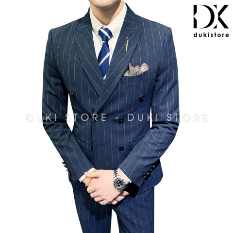 Bộ vest nam 6 nút Hàn Quốc sọc kẻ xanh than đẹp DKE0060