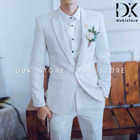 Bộ vest nam 1 cúc sọc kẻ màu trắng thanh lịch DKA0146