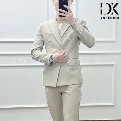 Bộ vest nam 6 nút sọc kẻ màu kem cực sang DKE0082