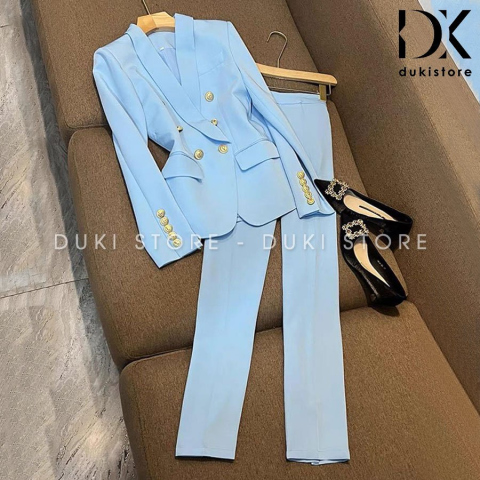 Bộ vest nữ 6 cúc Hàn Quốc ống loe màu xanh dương nhạt cao cấp DKX0029