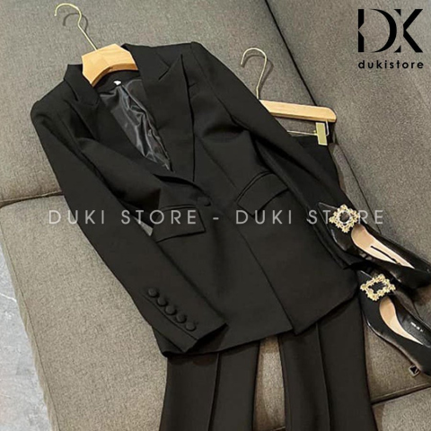 Bộ vest nữ 1 cúc Hàn Quốc ống loe màu đen cao cấp DKU0067