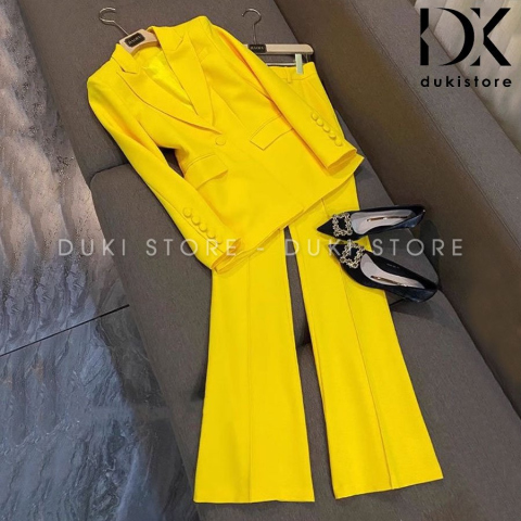 Bộ vest nữ 1 cúc Hàn Quốc ống loe màu vàng cao cấp DKU0049