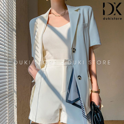 Áo khoác blazer, áo vest blazer nữ ngắn tay dáng dài màu trắng cực yêu BLU0018 