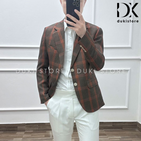 Áo vest nam, áo blazer nam 2 cúc Hàn Quốc kẻ caro màu nâu đỏ sang trọng ADK0011